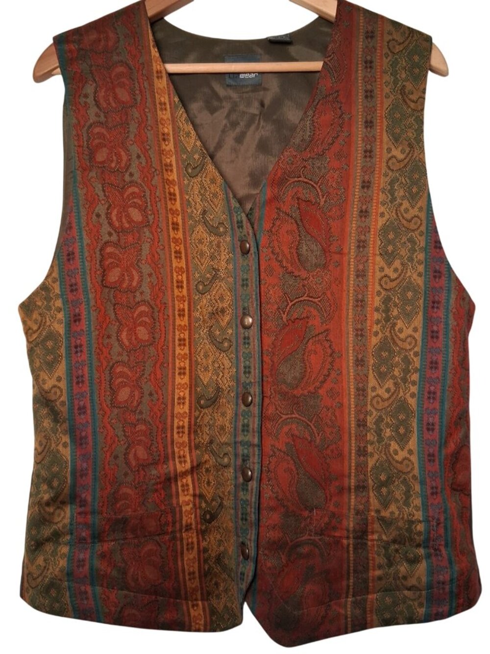 Vintage 1990s Liz Wear Tapestry Vest Women L Striped Paisley Button Up Preppy